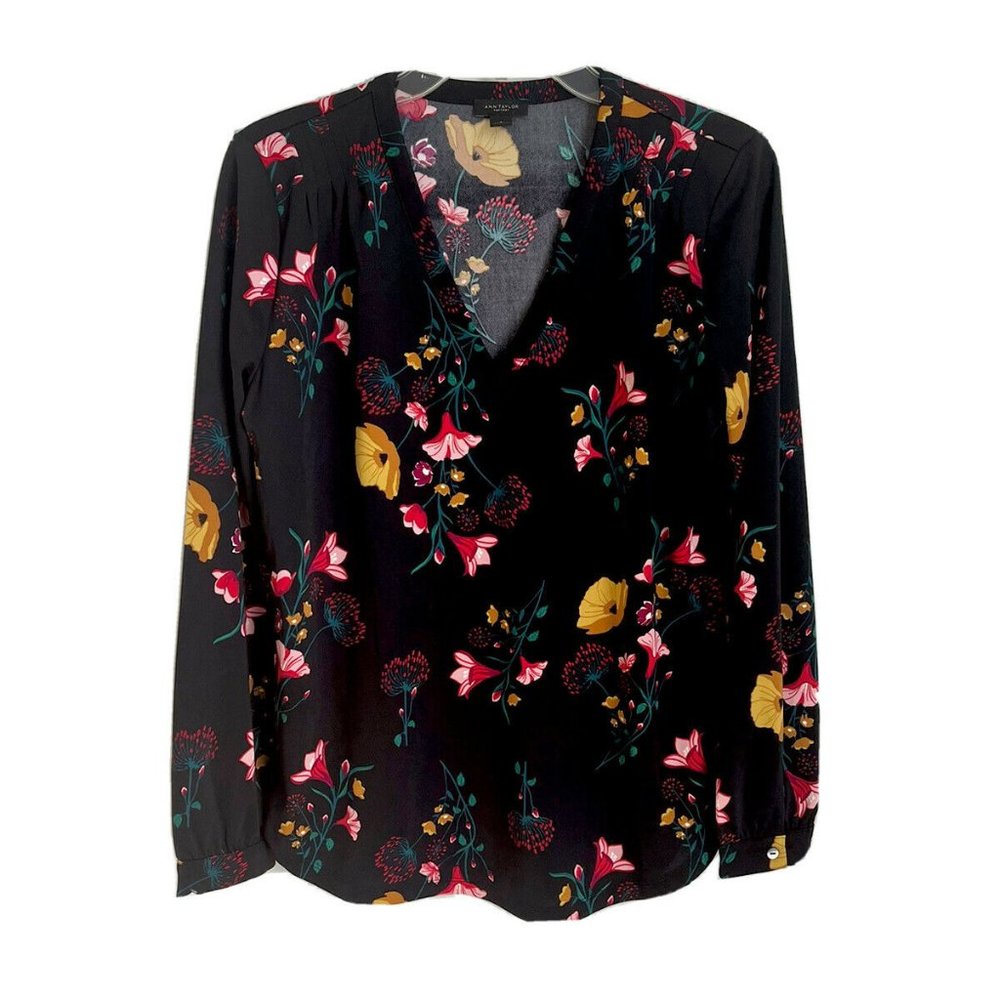 Ann Taylor Factory Black Floral Long Sleeve V-Neck Blouse